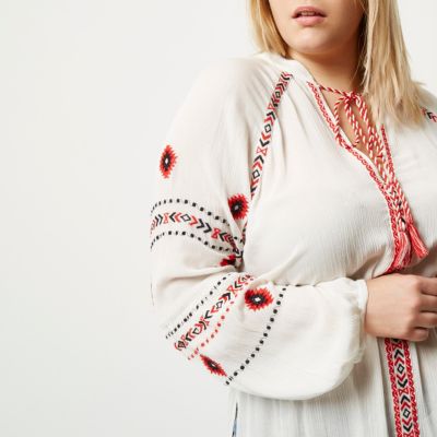 Plus white embroidered tassel smock top